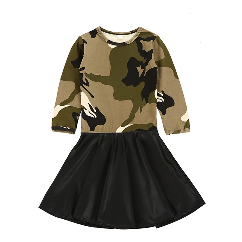 SOSOCOER Kids Girl Dress Autumn Winter New Fashion Camouflage PU Stitching Long Sleeve Children Dresses Headband Girls Clothes | Детская