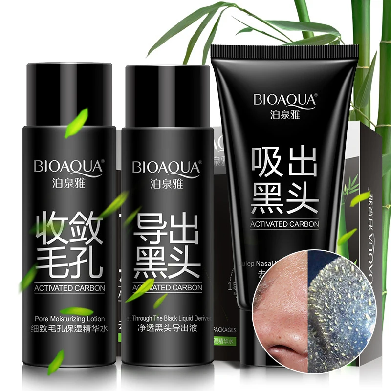 

BIOAQUA 3Pcs/box Bamboo Charcoal Remove Blackhead Nose Mask +Pore Moisturizing Essence+Black Export Liquid Peeling Face Care