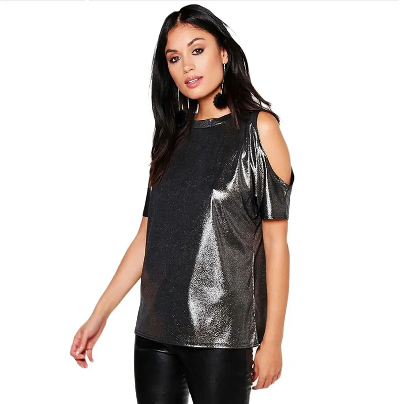 Лето Серебристо-Серый Футболка Женщины Холодного Плеча Топы О Шеи Короткий Рукав