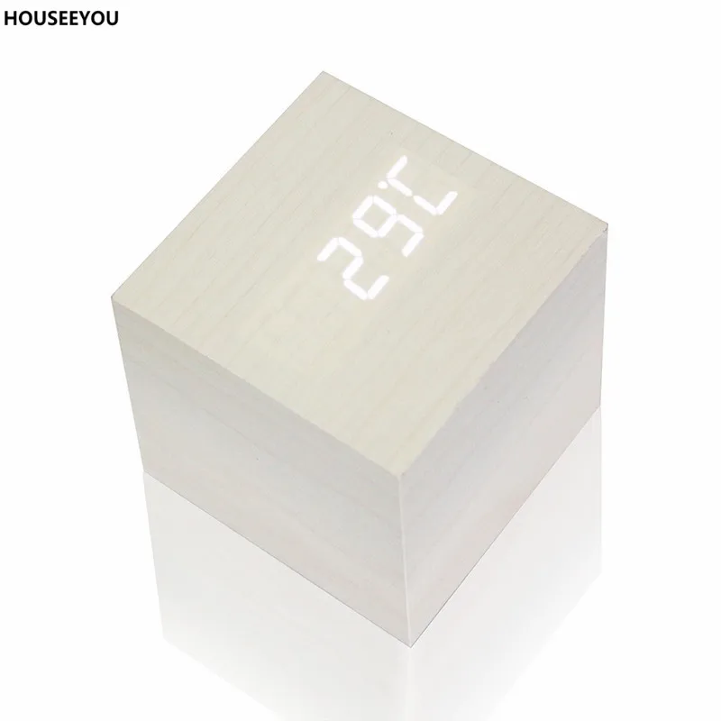 Modern Wood Cube LED Digital Alarm Clocks Thermometer Temp Date Display Calendars Square Desktop Clock Home Decor | Дом и сад