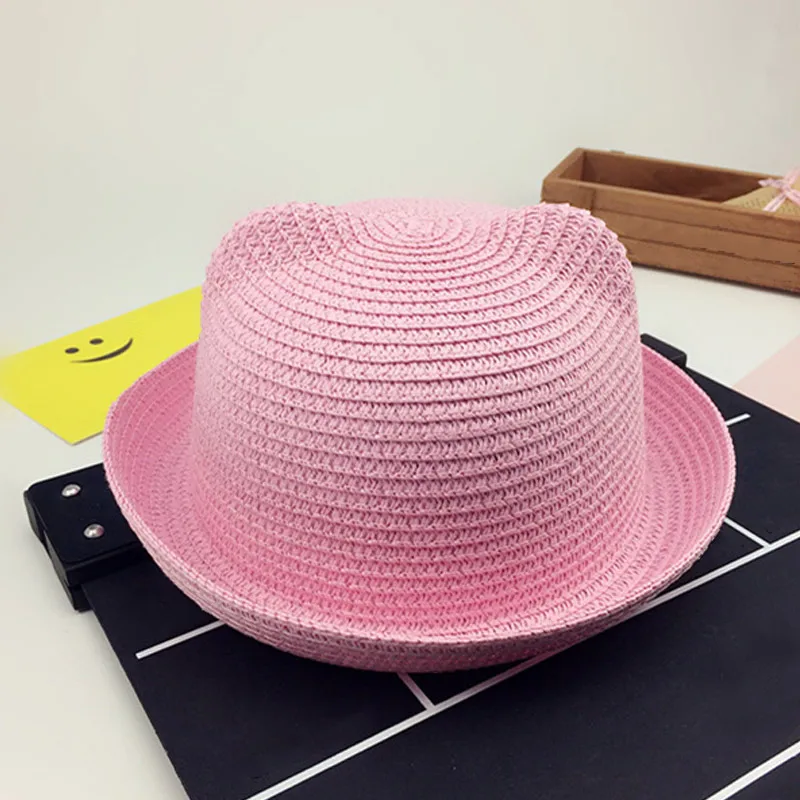 Light Pink Модные соломенные шляпы для девочек и мальчиков, летняя детская шляпа от солнца, красивая детская однотонная шапочка с изображением кошки, украшения в виде ушек, FDC99 - Цвет: Light Pink