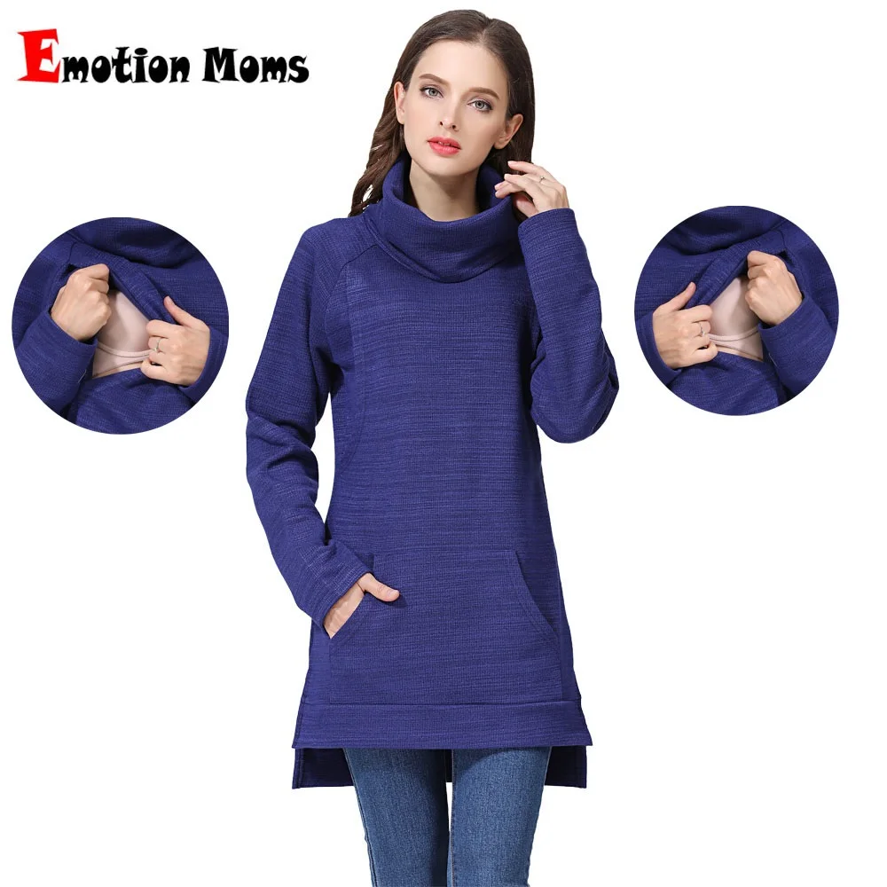 Emotion Moms Elegant Maternity Clothes Thermal breastfeeding Coat Turtle Neck Nursing Sweaters Hoodie the Colour of Dark Blue
