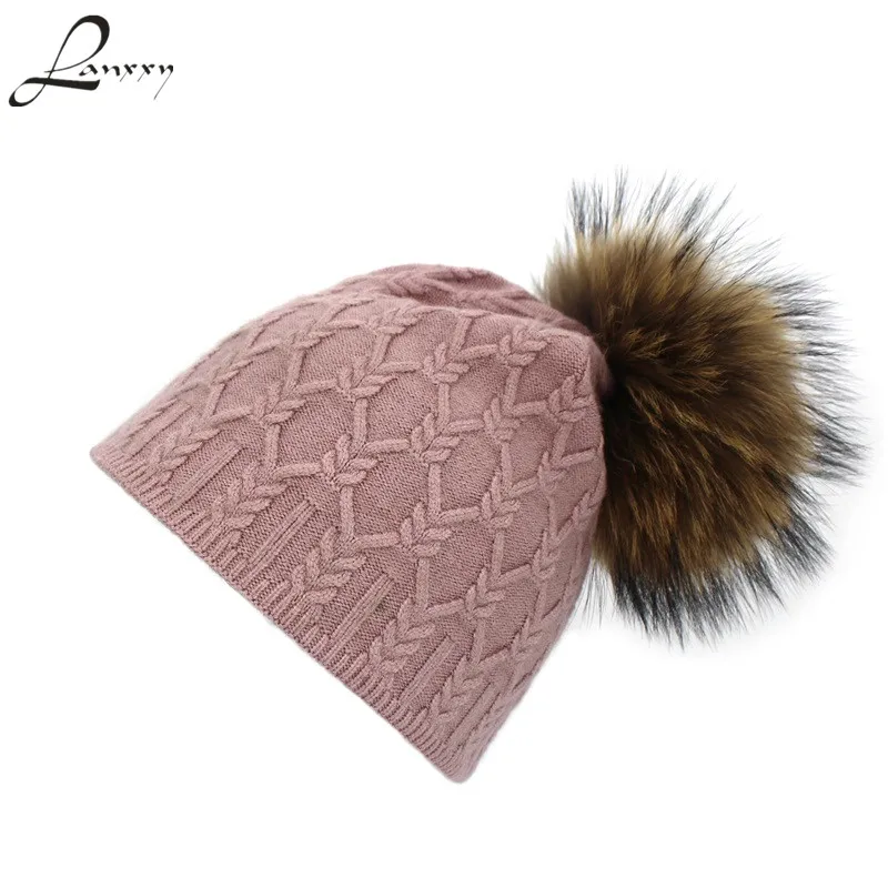 

Lanxxy Real Fur Hat Women Beanie Cap Pompom Hats Girls Gorro Touca Bonnet Pom Pom Winter Hats for Women