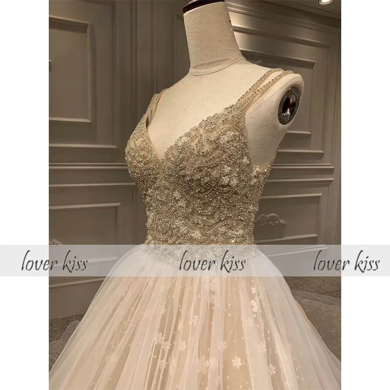 Lover Kiss Vestido De Noiva Sparkly V Neck Spaghetti Straps Wedding Dresses Beaded Crystal Bride Wedding Gowns Real Photo Luxury