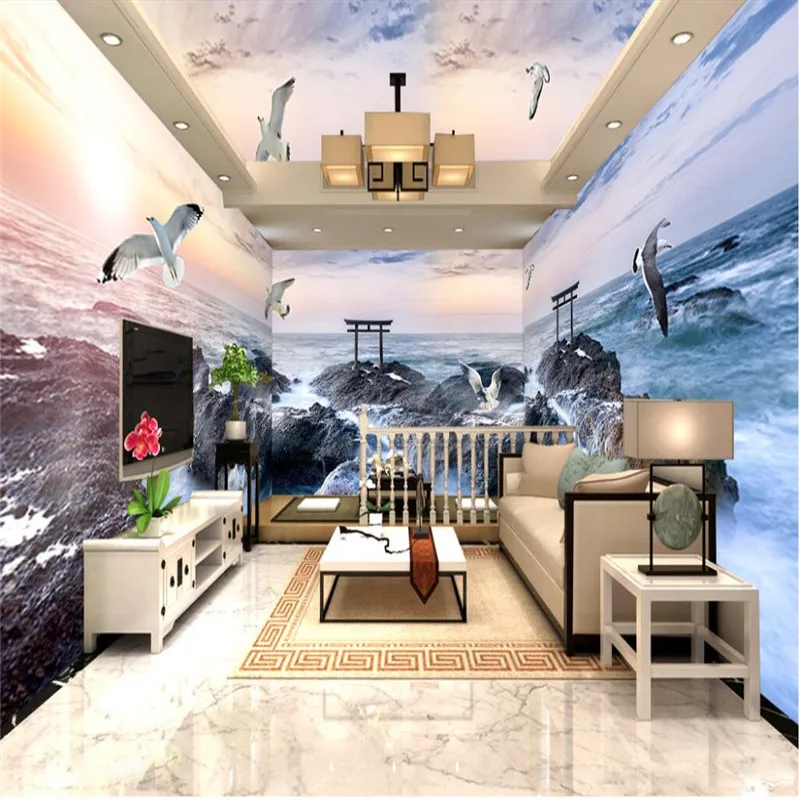 

Большие 3D обои beibehang, риф, Морская Чайка, пейзаж, морской фон, современная Европейская роспись для гостиной, живопись, домашний декор