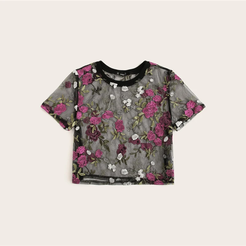 SweatyRocks Цветочный вышитый укороченный сетчатый топ с коротким рукавом и круглым вырезом, уличная одежда, сексуальные прозрачные топы, модные летние повседневные блузки