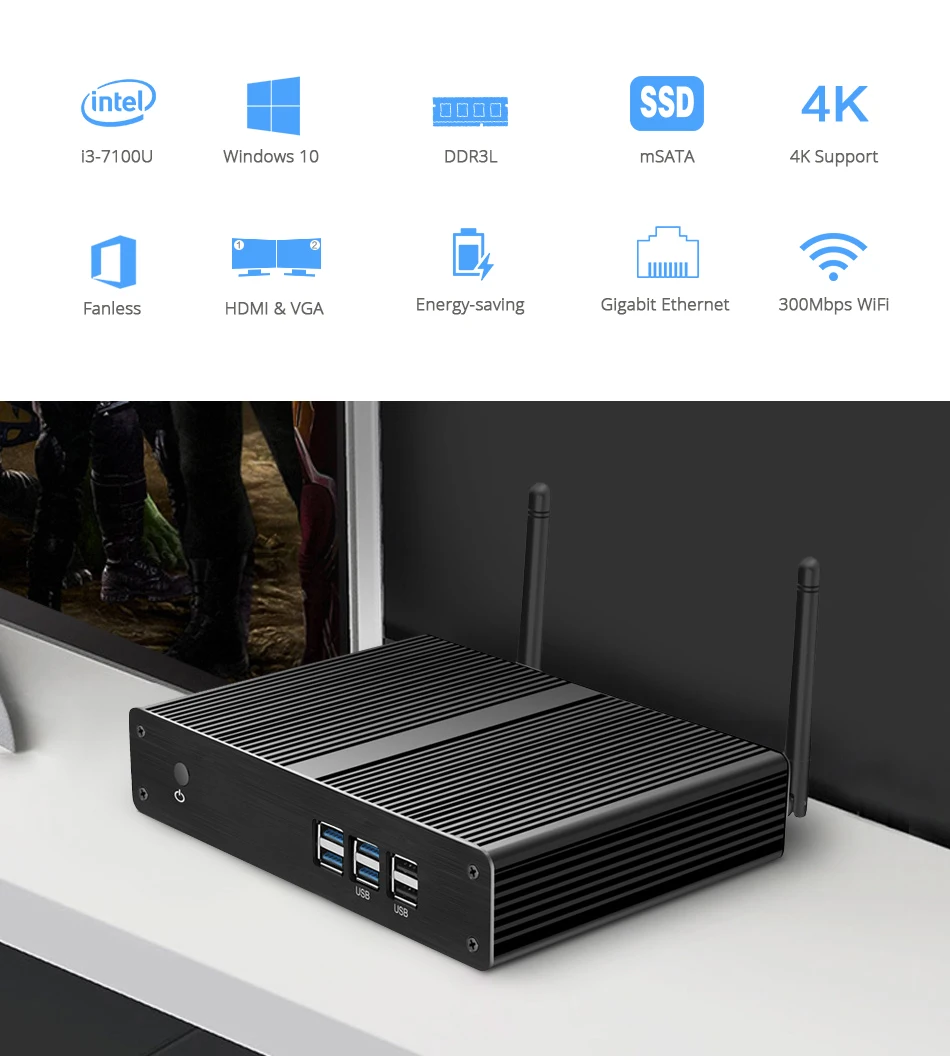 XCY Intel Core i3 7100U i5 7200U мини-ПК с Windows 10, Linux, HTPC, HDMI, VGA, 6xusb Wi-Fi неттоп компактный настольный компьютер без вентилятора