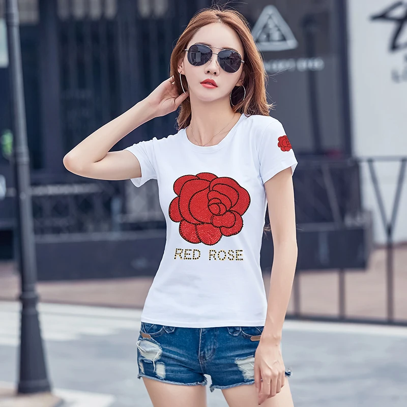 2017 New Female T-shirt Short Sleeve T Shirt Fashion Print Rhinestone Cotton T-shirts For Women Poleras De Mujer Summer Tops |