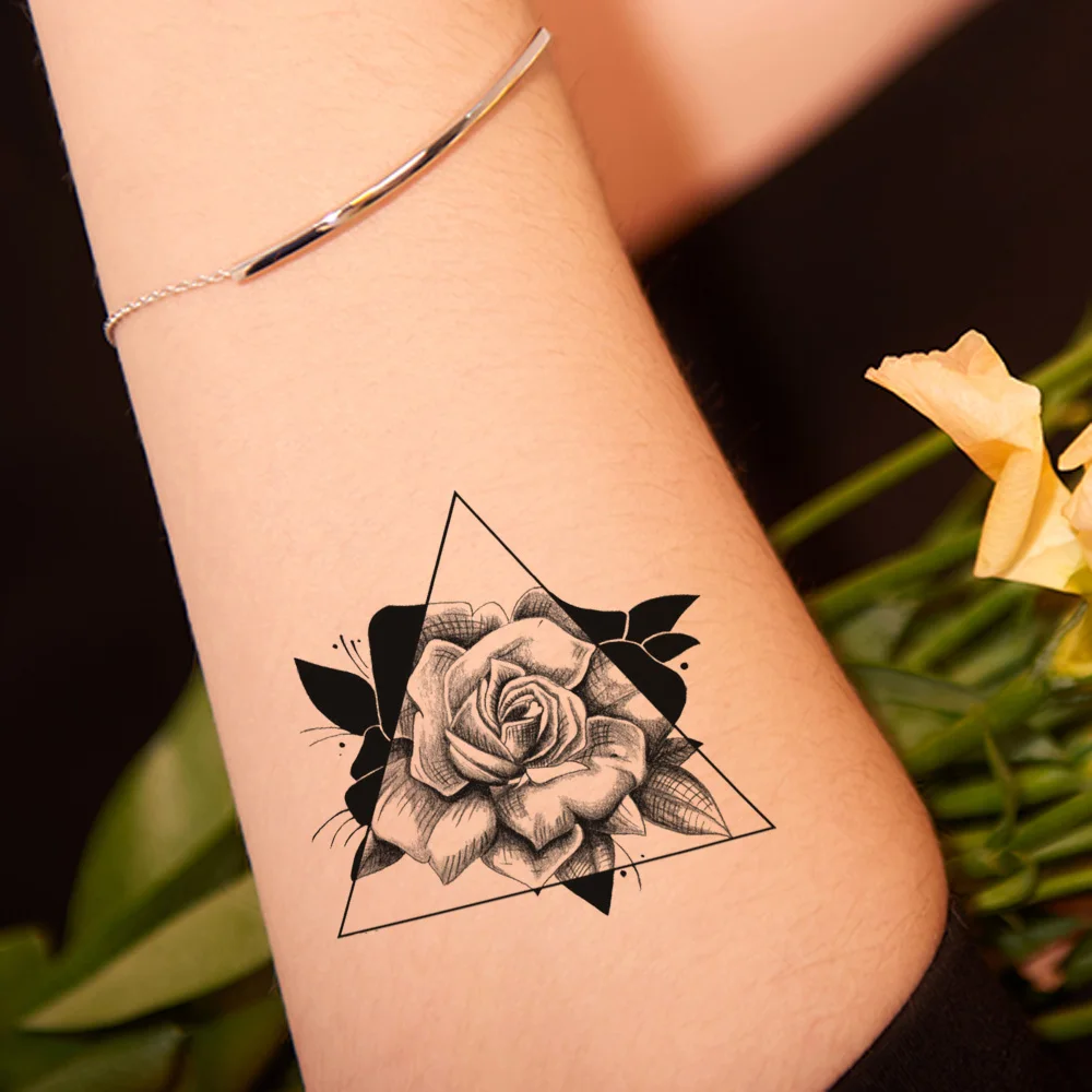 

VANKIRS Black 3D Rose Tattoos Temporary Women Arm Hands Fake Tattoo Stickers Girls Geometric Flower Water Transfer Tatoos Leaf