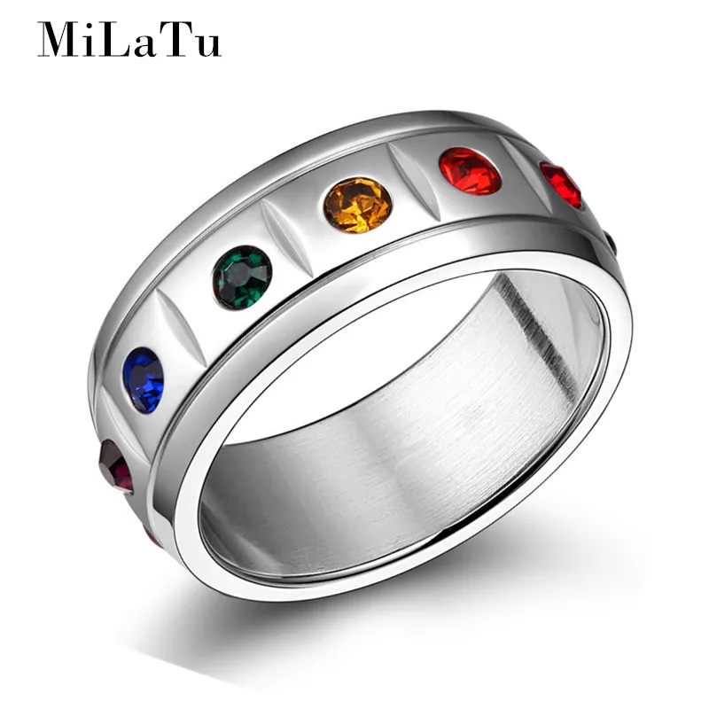 MiLaTu LGBT Rainbow Rings Stainless Steel Colorful Crystal Wedding Gay &amp Lesbian Engagement Ring R349G | Украшения и