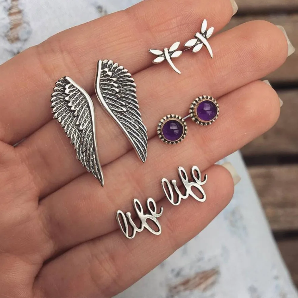 8 шт./компл. Мода Boho Винтаж Silver Wing Стрекоза серьги гвоздики Комплект уха Pendientes Brincos