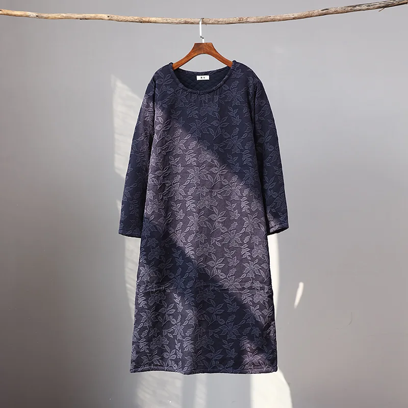 Женское платье с длинным рукавом Johnature винтажное жаккардовое и о вырезом 2019|linen dress|cotton linen dressdress quality |