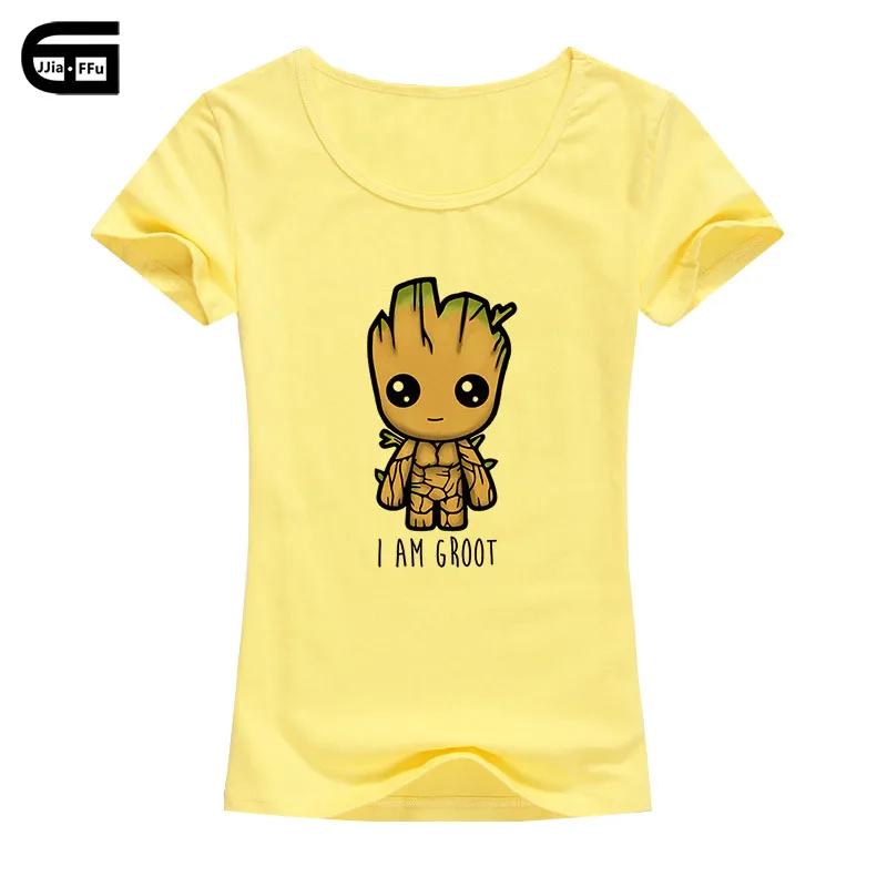 Футболка I Am Groot женская летняя эластичная хлопковая футболка из лайкры с коротким рукавом и принтом Harajuku топы Модные Kawaii Мультяшные футболки B07 - Цвет: Yellow Women