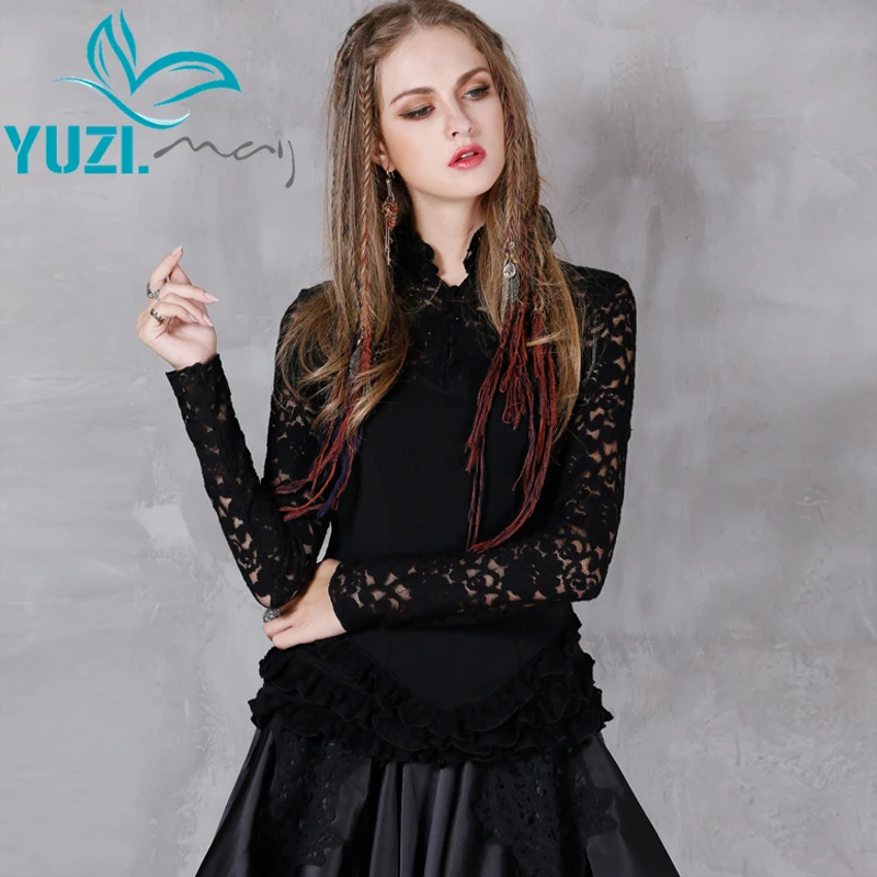 Женские блузки 2017 Yuzi.may Boho новая кружевная блузка с вырезом стойкой и оборками на