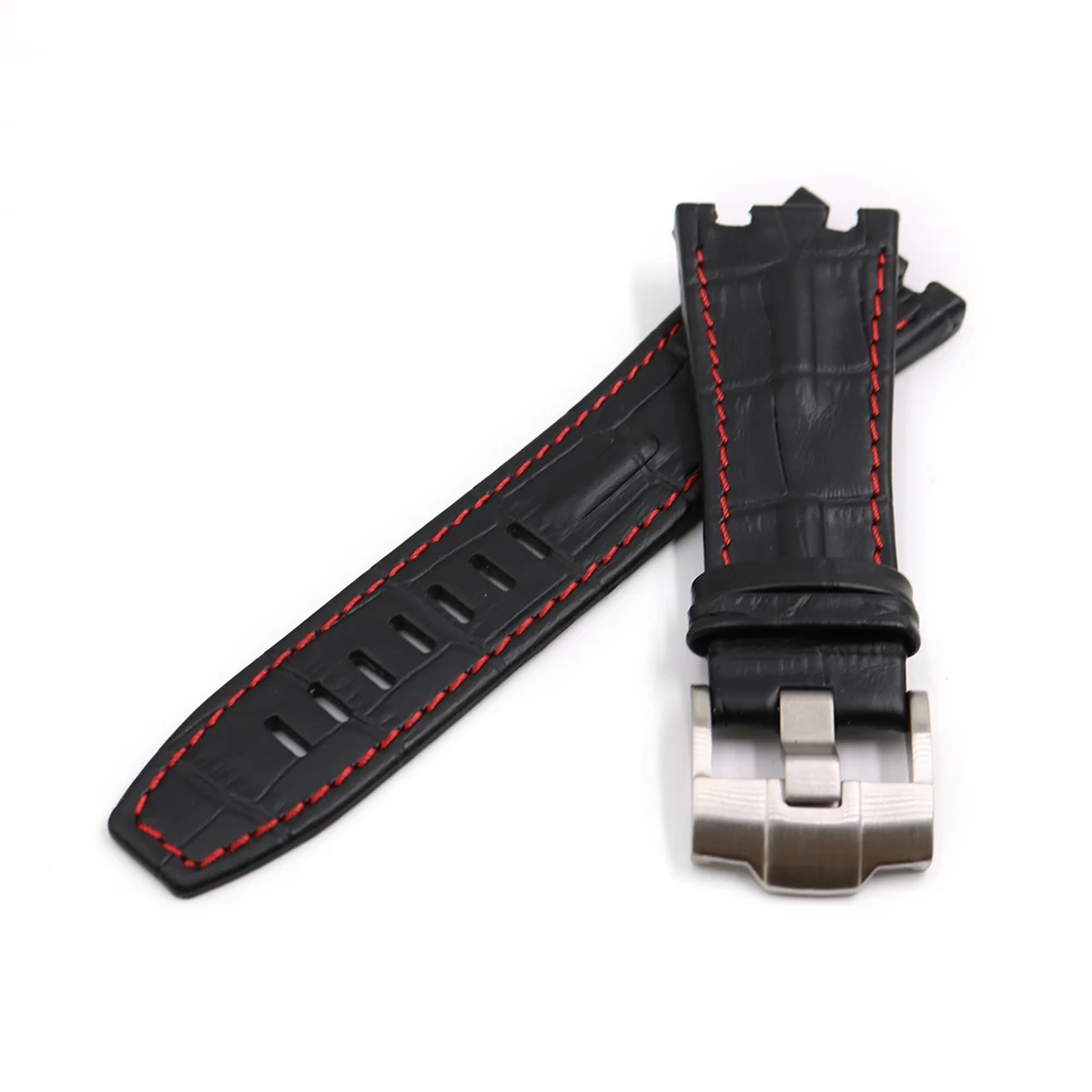 CARLYWET 28mm Black Real Leather Handmade Thick Wrist Watch Band Strap Belt For Oak Offshore 42mm