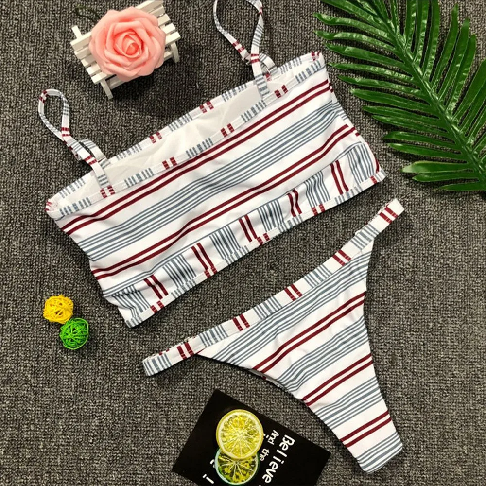 SAGACE Two-piece suits striped print swimwear tube top swimsuit sexy women sports bather two piece for | Спорт и развлечения