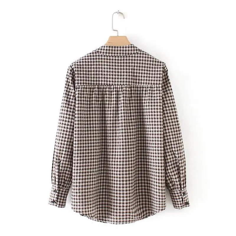Office Women Blouse Plaid Shirt Vintage Long Sleeve Stand Collar Checked Top Cotton Loose Fashion Blusa |