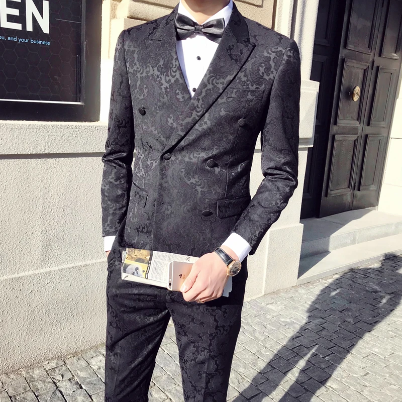 Цветочный узор жаккардовый костюм Для мужчин 2019 Slim Fit 3 предмета s двубортный цвет: