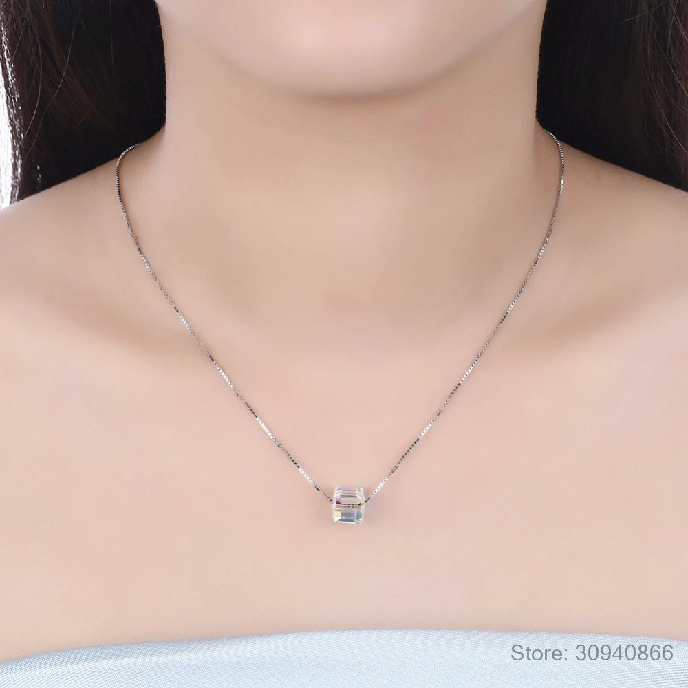 

LEKANI S925 crystal Swarovsk Elements Square sterling silver CZ Pendant Necklace For Women Ladies Lover Valentine's Day Gifts