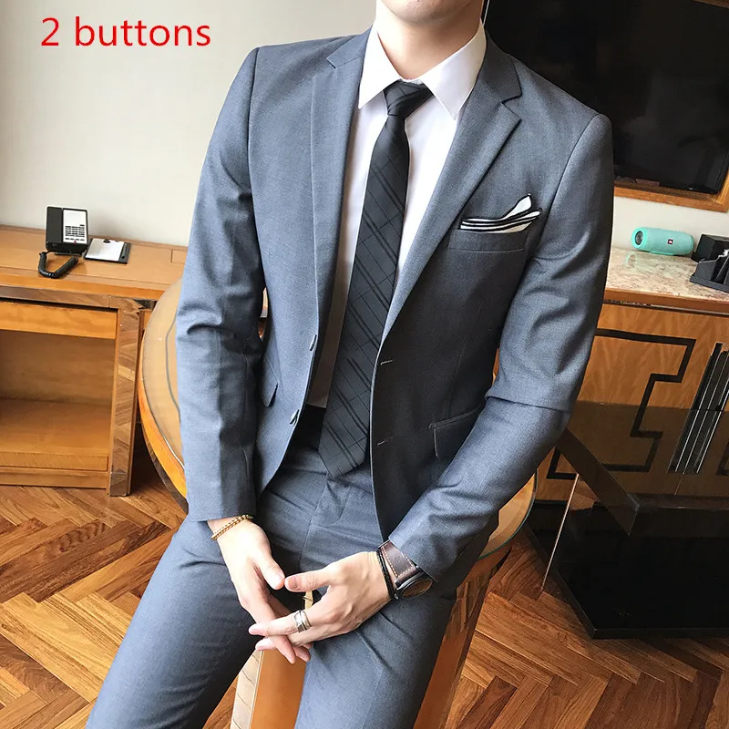 2 buttons Dark Gray Пальто брюки) бизнес-отделка высокое качество мужские костюмы два комплекта свадьбы Повседневные Вечерние Классические Серые Костюмы Блейзер одежда - Цвет: 2 buttons Dark Gray