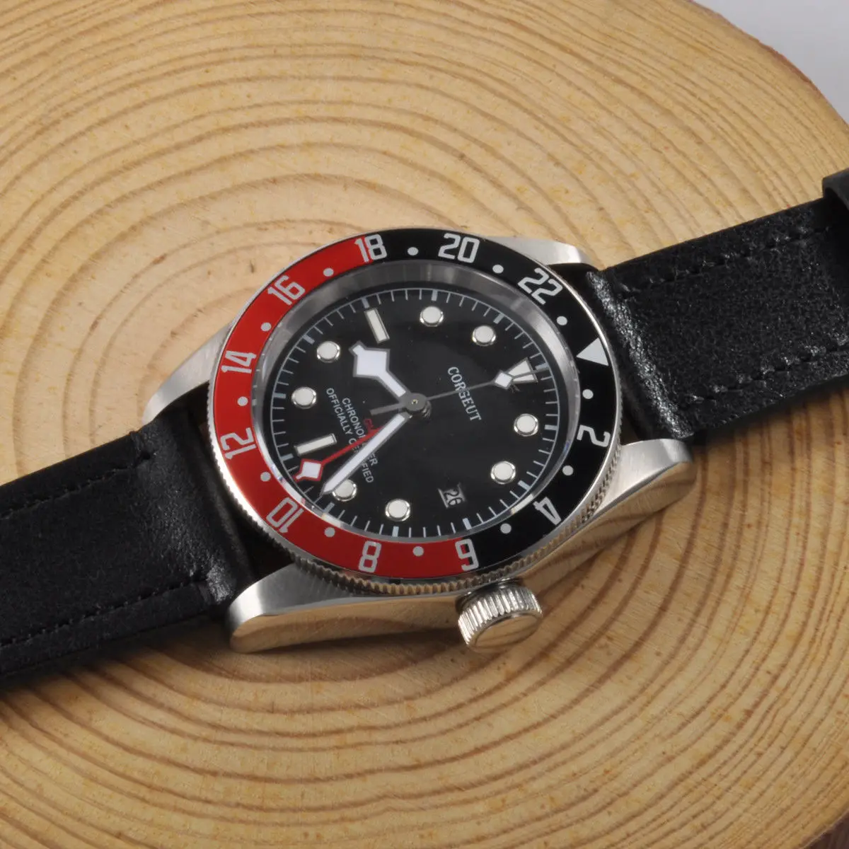 Corgeut 41 мм черный циферблат Bay GMT автоматические мужские часы красный ободок