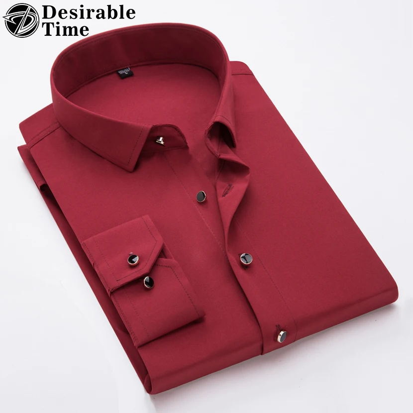 2018 Fashion Mens Dress Shirts Big Sizes 3XL 4XL non-iron Slim Fit Red Shirt Men Colorful Long Sleeve Black DT348 | Мужская одежда