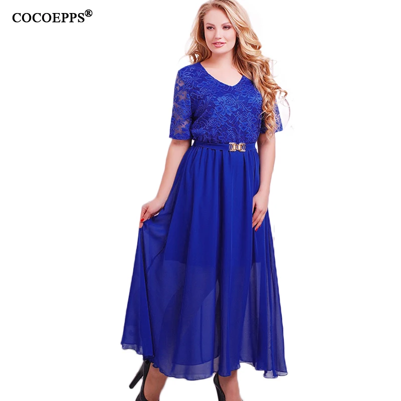 COCOEPPS Plus Size Chiffon Lace Women Long Dresses 2017 Summer Elegant Big Solid Maxi 5XL 6XL Blue Sashes Vestidos | Женская одежда