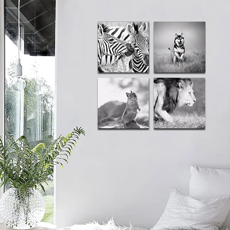 4 Piece Black White Animal Canvas Decoration Home Modular Picture Art Decorative Nordic Poster No Frame Painting | Дом и сад
