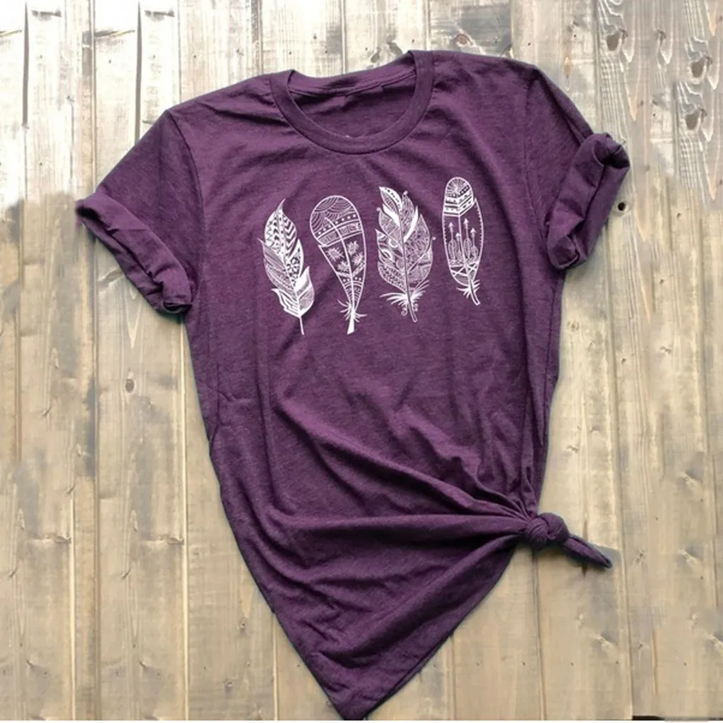 Женская летняя футболка с принтом перьев Повседневная коротким рукавом топ