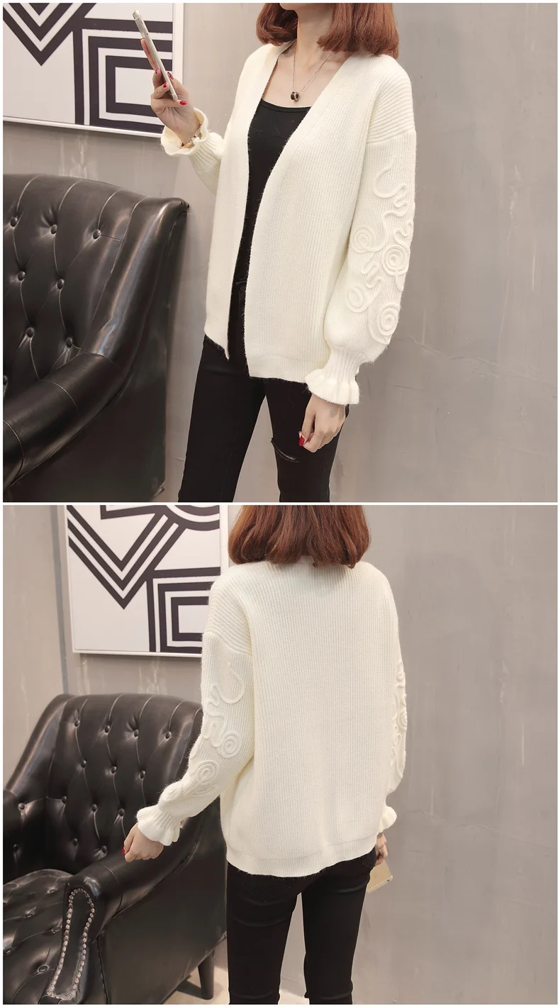Women new fashion knitted cardigans short solid coat ruffles suit spring and autumn office lady