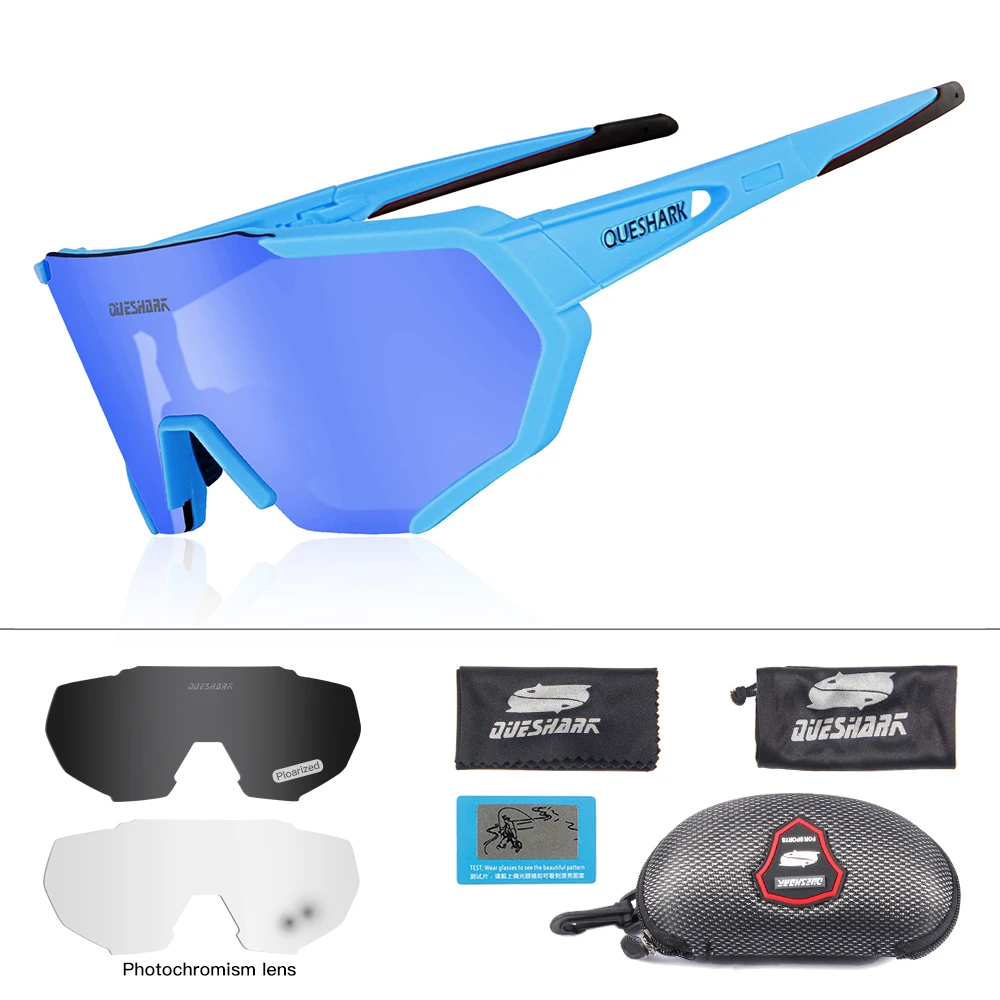 Blue QUESHARK, дизайн, фотохромные велосипедные очки для мужчин и женщин, велосипедные очки, велосипедные солнцезащитные очки, 4 линзы, зеркальные, UV400 очки - Цвет: Blue