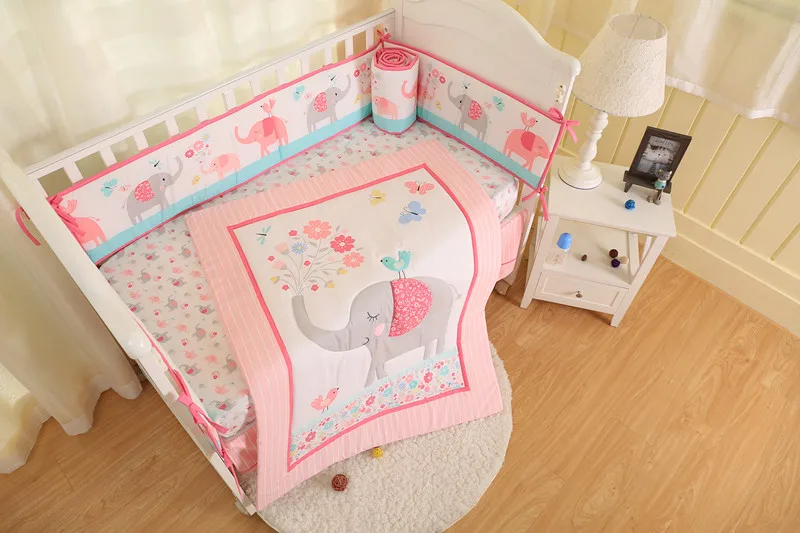 7PCS embroidery Pink elephant cotton kit ber o baby bedding sets for crib baby pillow (4bumpers+duvet+bed cover+bed skirt)