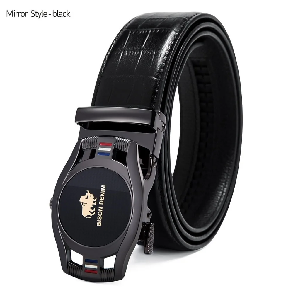 Mirro Black Бренд BISON DENIM, модный мужской ремень с автоматической пряжкой, ремень из натуральной кожи, мужские ремни из коровьей кожи, ремни для мужчин N71446 - Цвет: Mirro Black