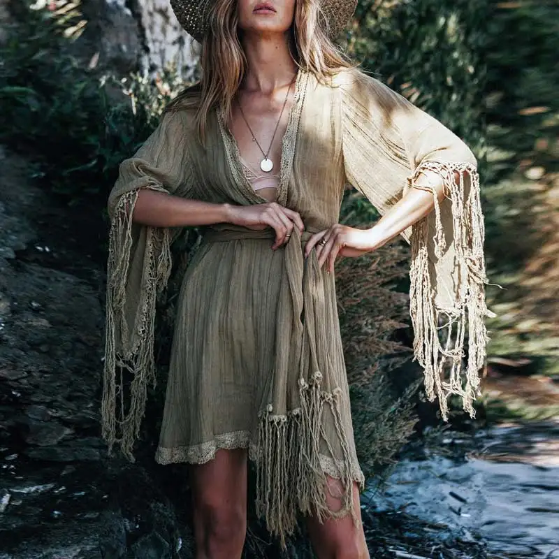 Кимоно туника топ длинная этническая с рукавами-кисточками богемная хиппи