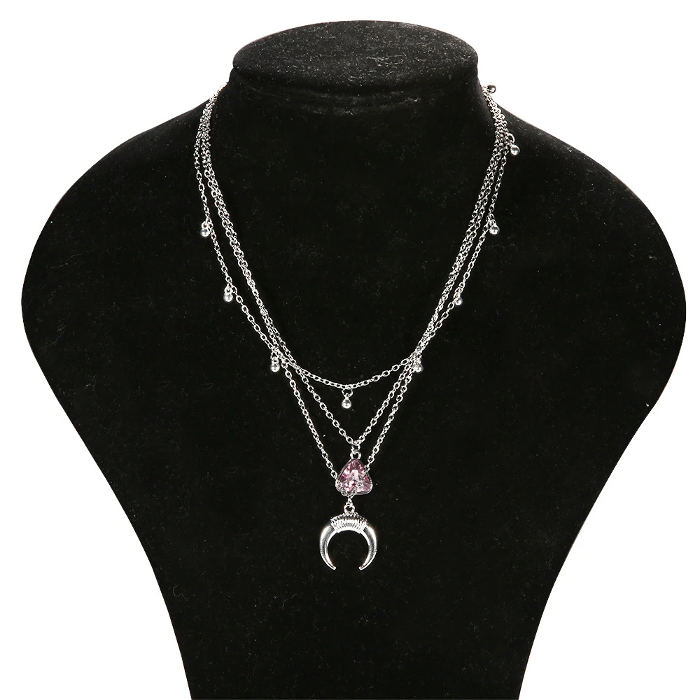 3 Pcs/Set Women Fashion Pink Crystal Moon Bead Pendant Silver Color Multilayer Clavicle Chain Retro Beach Necklace Jewelry | Украшения и