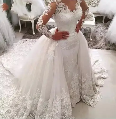 Vestido de noiva Lace Mermaid Wedding Dress with Detachable Skirt Backless Long Sleeve Saudi Arabia Bridal Wedding Gowns Dubai