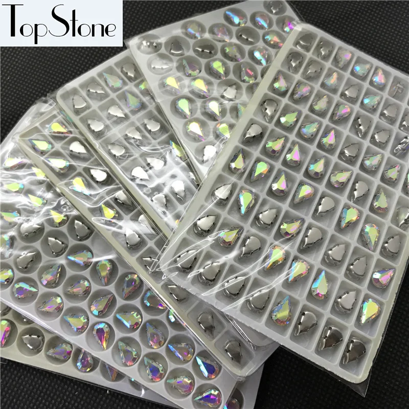 Topstone 6x10mm 8x13mm Crystal AB Teardrop Glass Fancy stone With Metal Claw setting for sewing on dress jewelry making | Украшения и