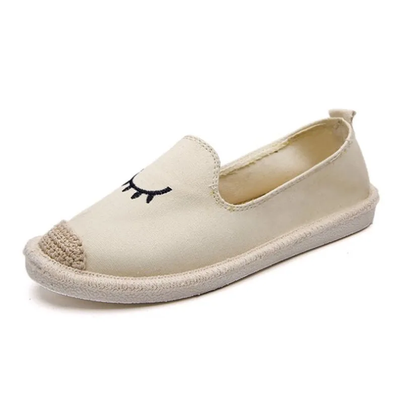 summer ladies flat shoes embroidered eye pattern women's espadrilles rubber soles with linen toe casual fashion loafers - Цвет: Beige