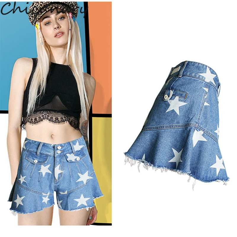 Кляузничество Джинсовые шорты Юбки для женщин Для рыбий хвост Джинсы Высокая