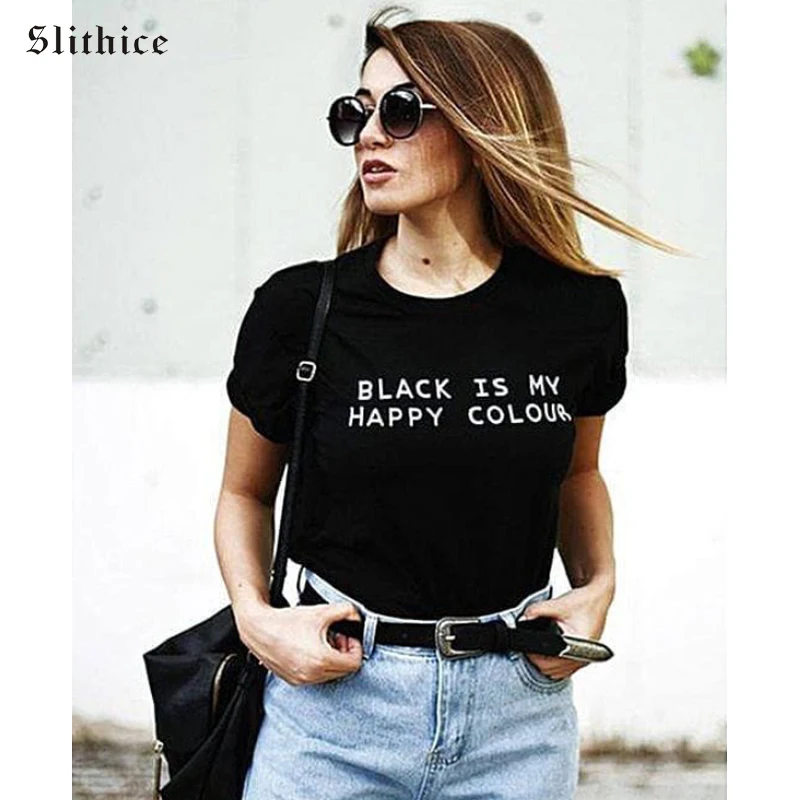 Slithice черный мой счастливый цвет письмо печати для женщин футболка Топ Хлопок На