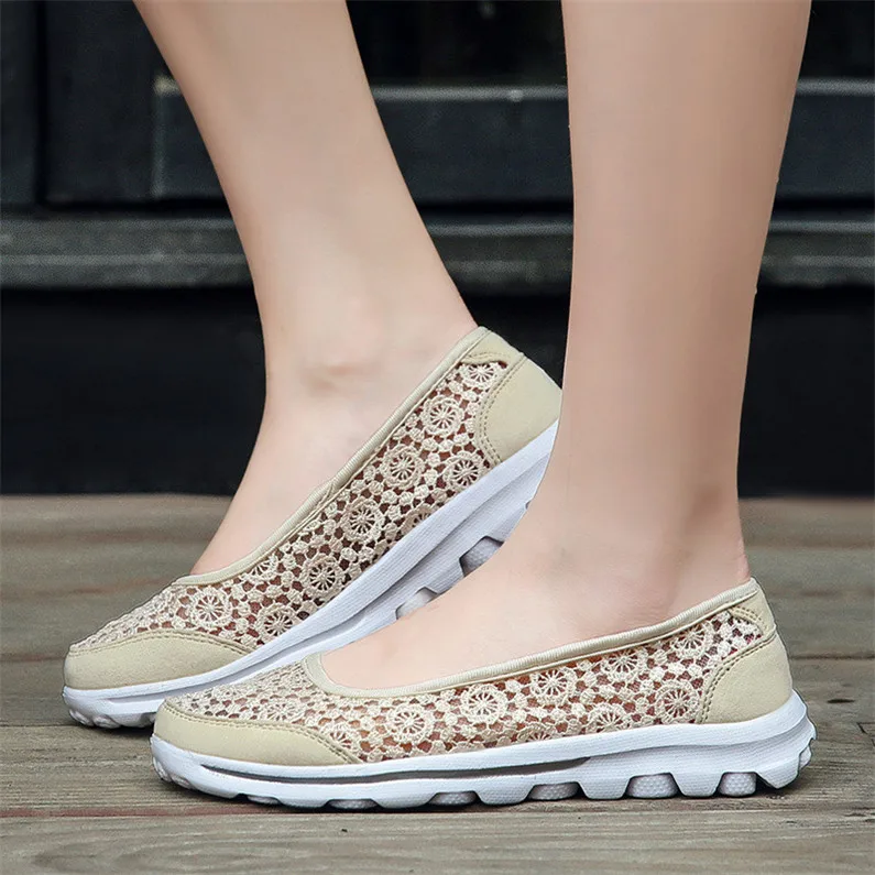 beige LIN KING/модные женские ботинки размера плюс, новинка, в сеточку, с кружевом Женская обувь на плоской подошве светильник слипоны, повседневная обувь, Мокасины, дышащие летние женские туфли на платформе; обувь для офиса - Цвет: beige