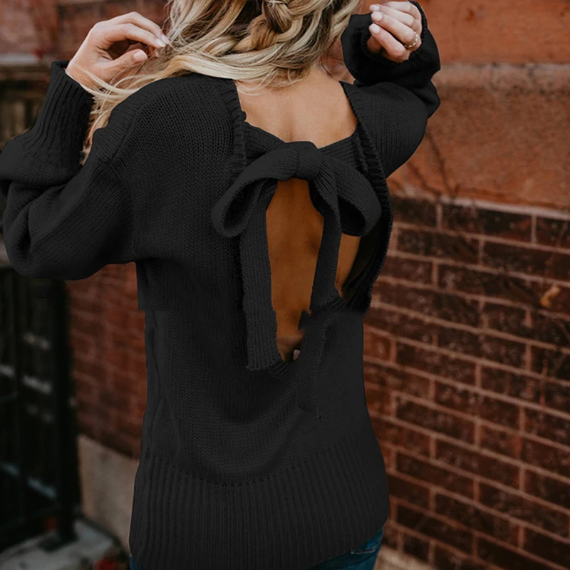 Fashion Sexy Backless Knitted Pullovers Autumn Winter Women Lace Up Bow Long Sleeve Sweaters Casual Loose Jumper Pull Femme | Женская