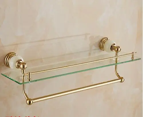 glass shelf Набор аксессуаров для ванной из латуни и нефрита, Золотая щетка, держатель для бумаги, вешалка для полотенец, мыльница, вешалка для полотенец, набор аксессуаров для ванной комнаты - Цвет: glass shelf