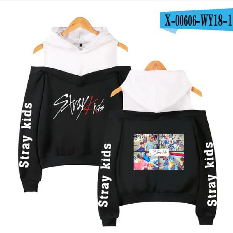 Харадзюку корейский бродячий детский альбом KPOP с открытыми плечами женские толстовки с капюшоном хлопковая сексуальная одежда с длинными рукавами