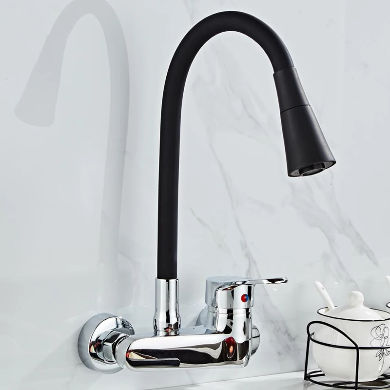 wall mounted kitchen faucet wall kitchen mixers kitchen sink tap 360 degree free swivel flexible hose double holes free global shipping