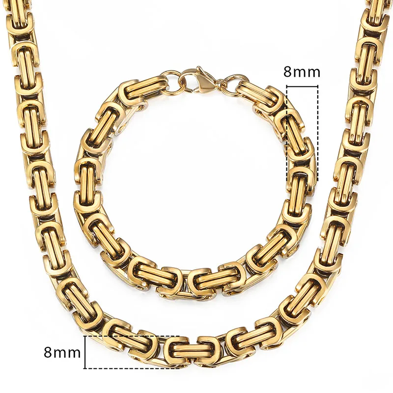 8mm Stainless Steel Bracelet Necklace Set For Men Boys Gold Color Byzantine Box Chain Jewelry Sets Hip Hop Male KKS55 | Украшения и