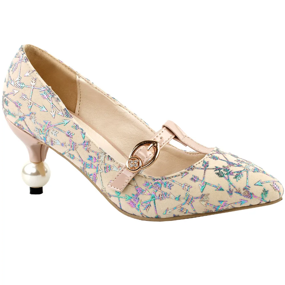 

LF60419 Beige Colorful Arrow Gem Mary Jane Bridal Evening Pointed Toe Pearl Heel Pumps