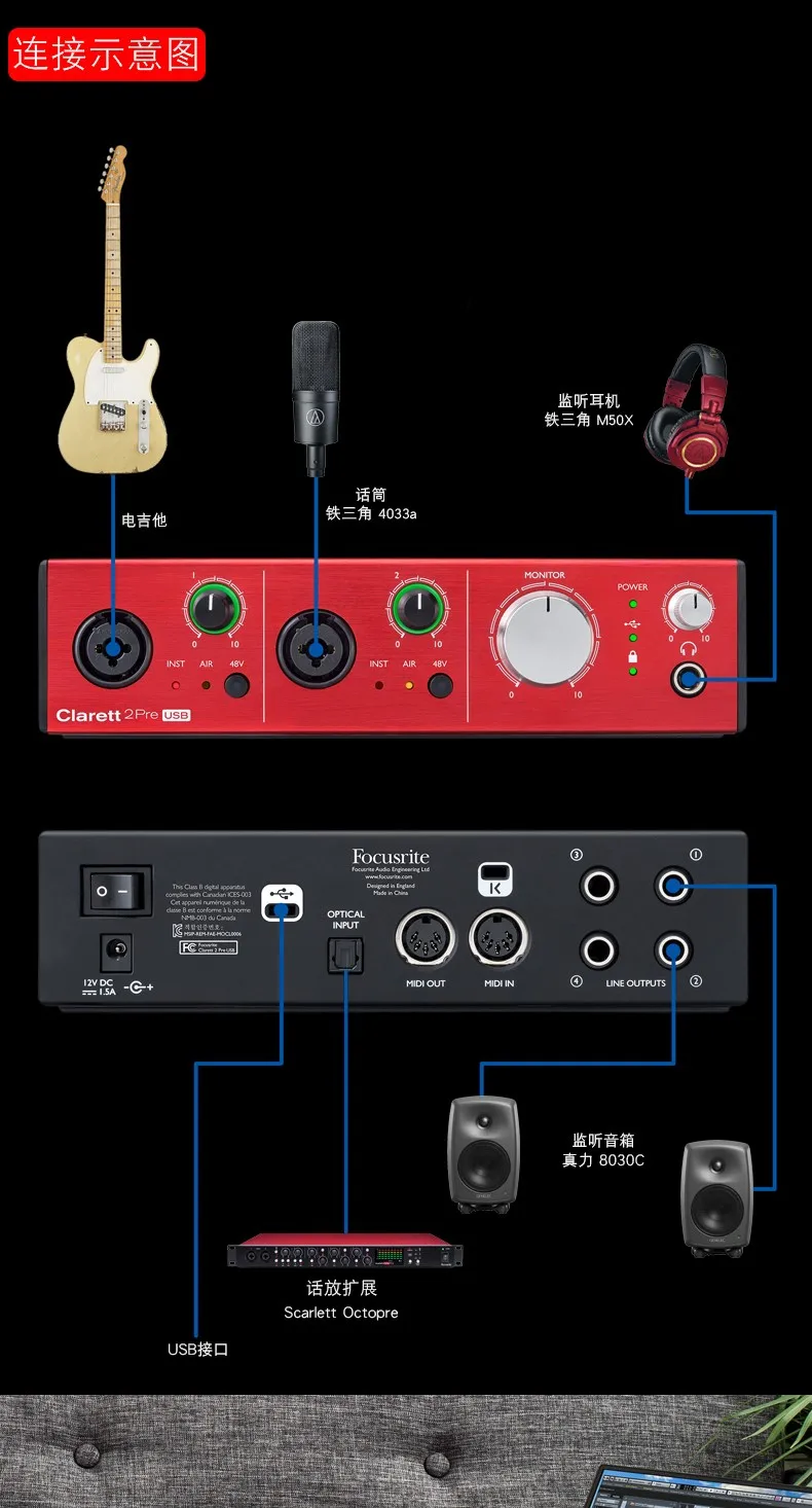 Focusrite Clarett 2Pre USB Запись Звуковая карта 10-вход/4-выход аудио-интерфейс для музыки Организации