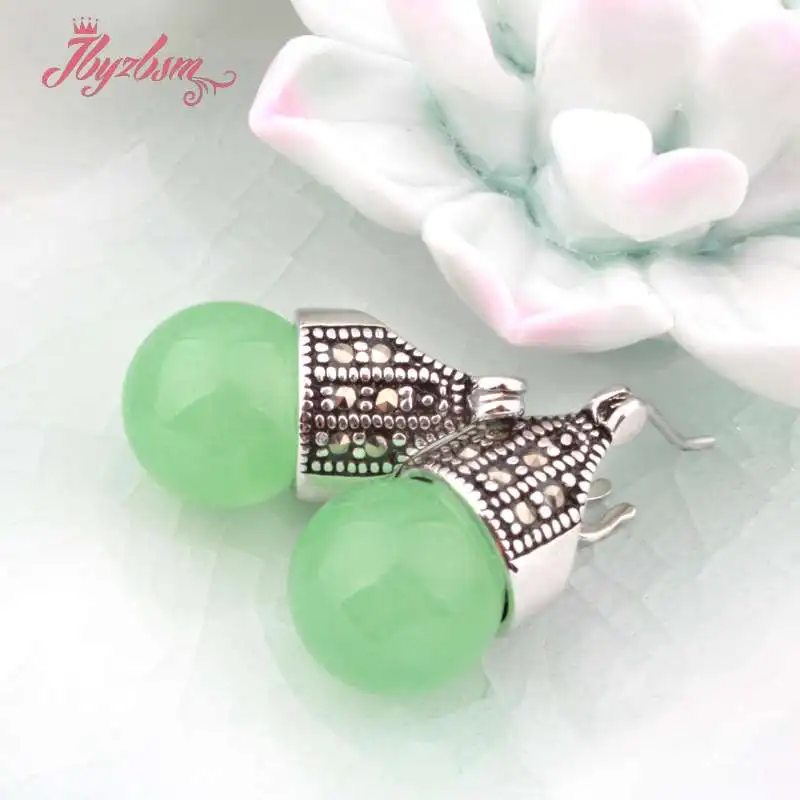 Green Jade 12 мм круглый шар опал Turquoises песчаник камень Бусины тибетский серебряный модный серьги для женщин Рождественский подарок 1 пара - Окраска металла: Green Jade