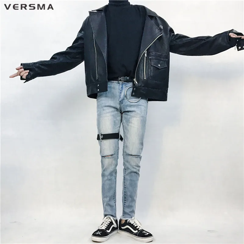 VERSMA хип-хоп Уличная одежда, облегающие джинсы, рваные джинсы, Мужские корейские Harajuku SUGA GD ленты, Лоскутные, для бега, для мотоцикла, джинсы, брюки